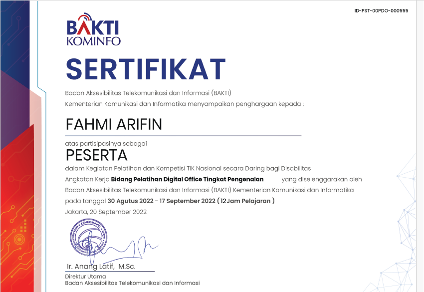 Lihat Sertifikat Pelatihan TIK Nasional Daring: Digital Office Tingkat Pengenalan dalam ukuran penuh